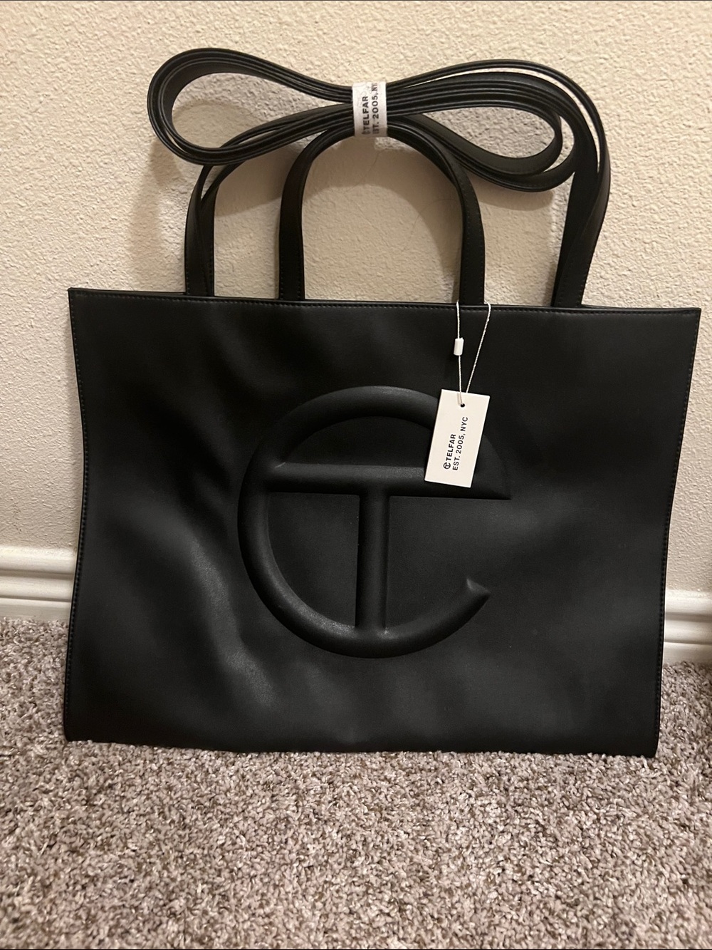 Telfar Black Large Shopping Tote with Raised Logo